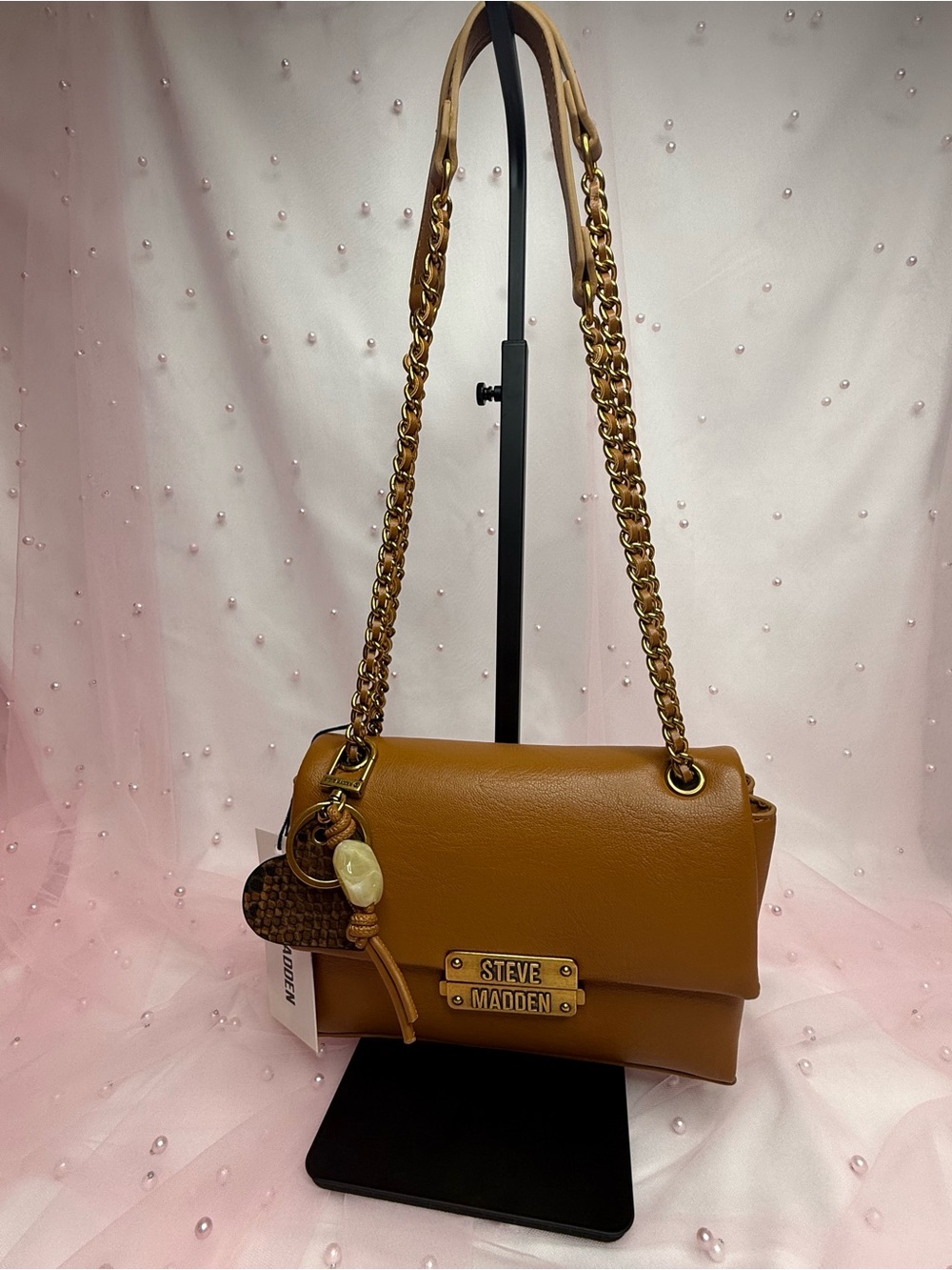 Steve Madden Brown Pebbled Shoulder Bag Solid Rectangle Gold Chain Strap
